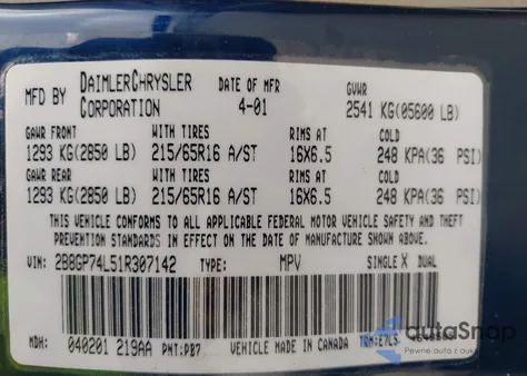 2001 Dodge Grand Caravan Ex из США, поврежденный, VIN 2B8GP74L51R307142